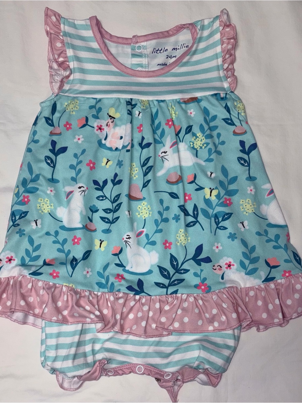 Little Millie striped bubble w/floral overskirt with bunny design sz 24 mo NWOT